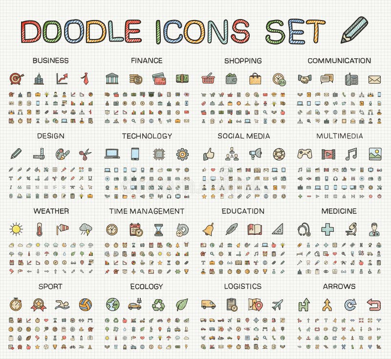 Hand drawing line icons. Vector doodle pictogram set royalty free illustration