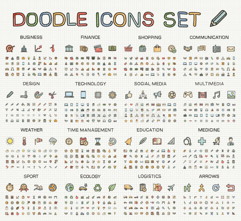 Hand drawing line icons. Vector doodle pictogram set