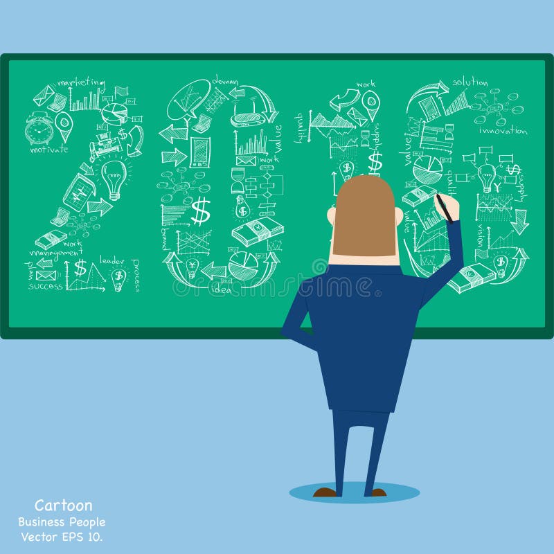 Hand drawing New Year 2016 Text Design with Creative Doodle business, technology and strategy planning icon Idea. royalty free illustration