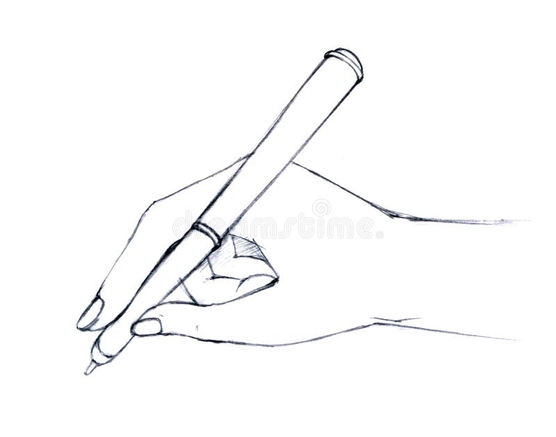 Line drawing of hand holding pen, isolated on white background. Line drawing of hand holding pen, isolated on white background.