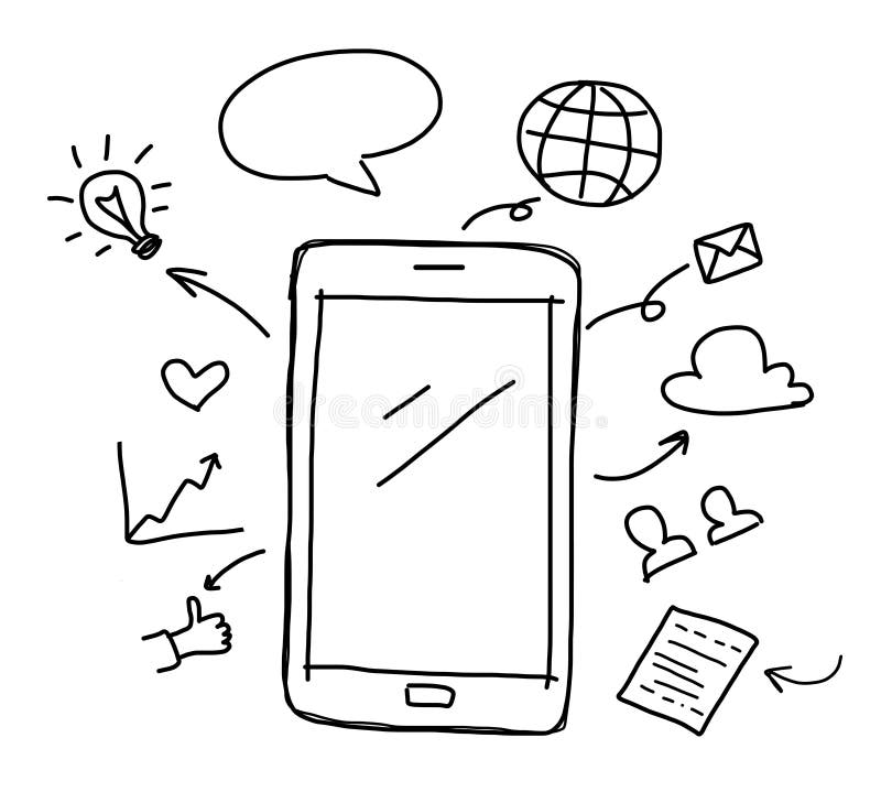 Hand Drawing Smart Phone with Social Media Stock Illustration