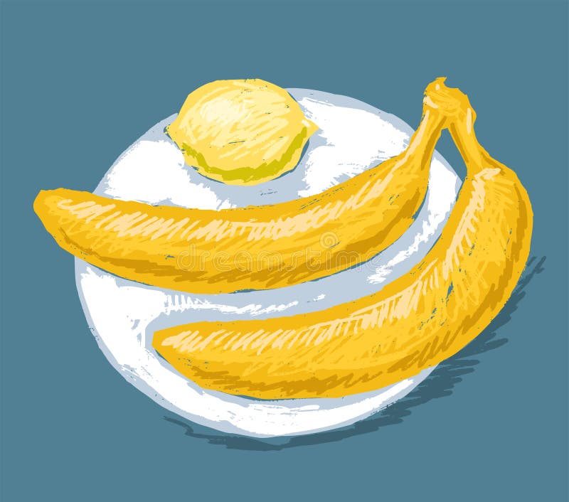 Hand Drawing of Yellow Bananas and Lemon on Plate Stock Vector
