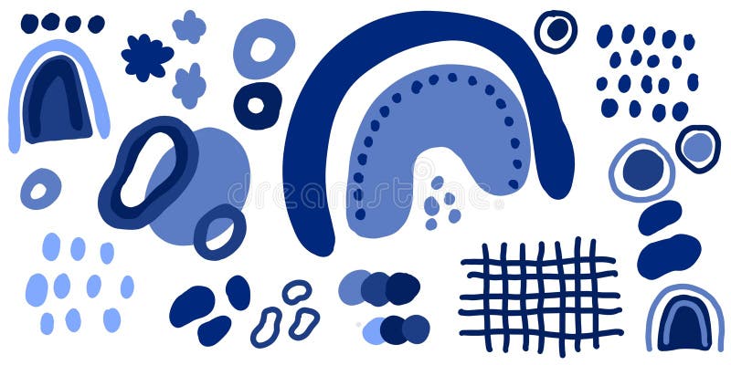 Hand-drawn abstract design elements in blue tones. Blue pattern of lines and dots in scribbles royalty free illustration