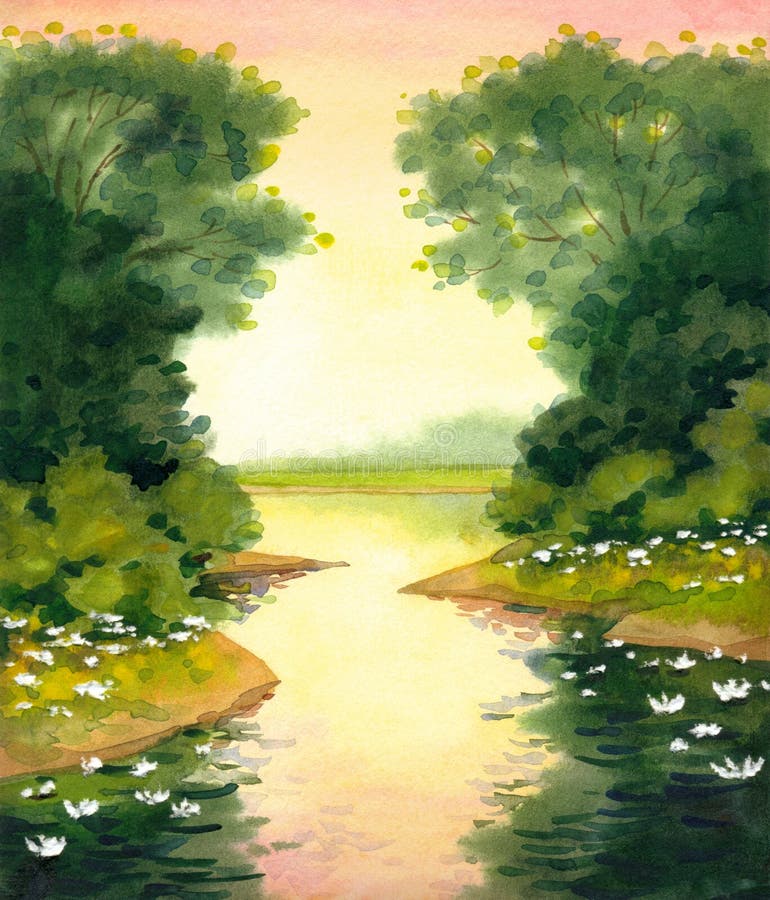 Pond with lilies. Watercolor painting