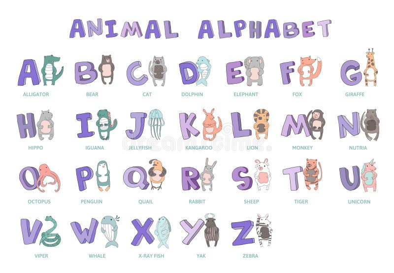 Hand-drawn alfabet, doopvont, brieven Krabbel ABC voor jonge geitjes met leuke dierlijke karakters Vector geïsoleerde illustratie stock illustratie Hand-drawn alfabet, doopvont, brieven Krabbel ABC voor jonge geitjes met leuke dierlijke karakters Vector geïsoleerde illustratie stock illustratie