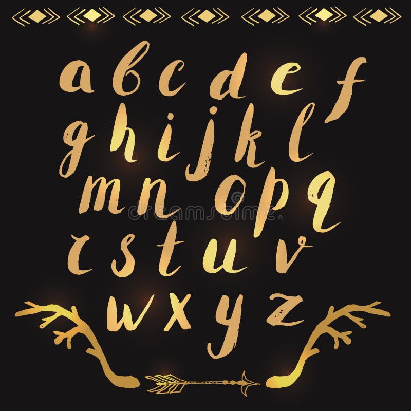 Hand drawn alphabet letters in gold