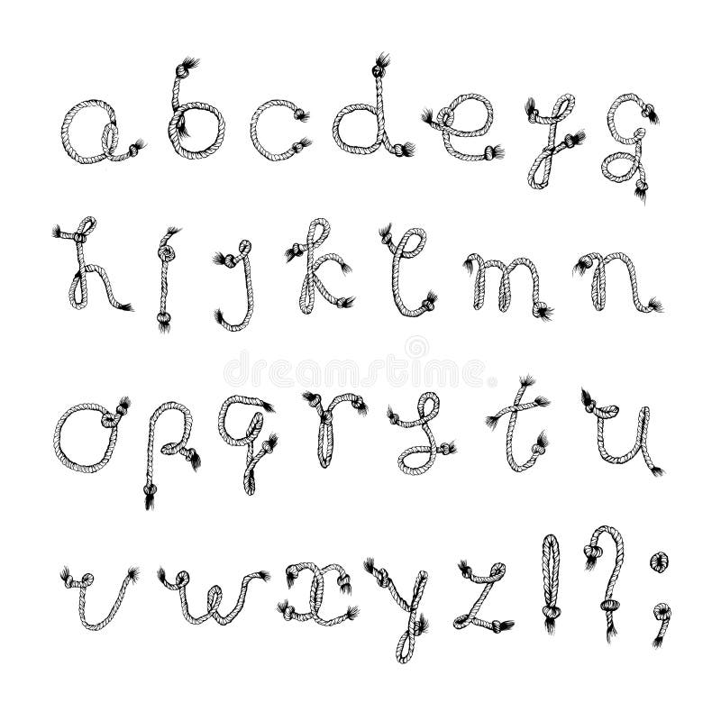 Hand drawn alphabet - Rope or String. Handwritten font. Vector Illustration