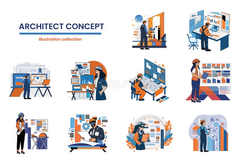 Hand Drawn Architects and Engineers collection in flat style illustration for business ideas royalty free illustration