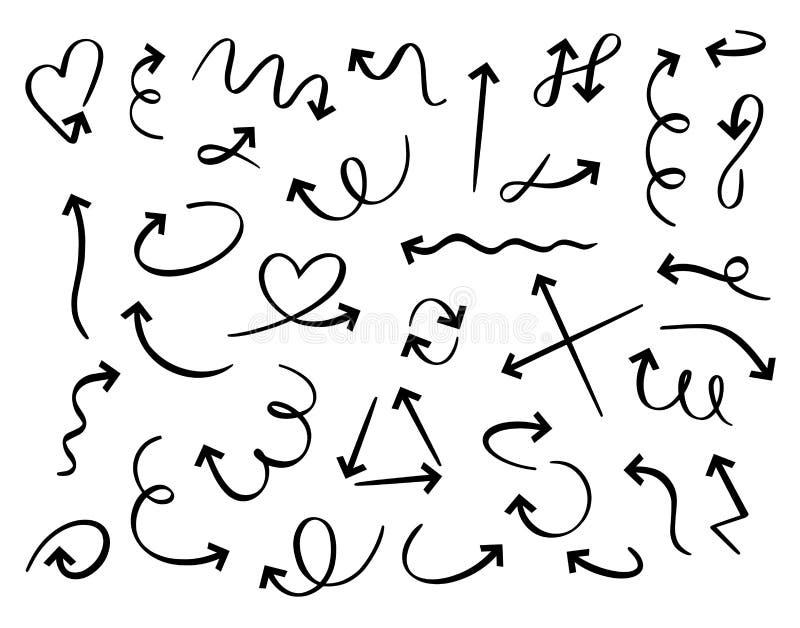 Hand drawn arrows. doodle curved arrow handmade elements. Outline direction pointer isolated vector symbols royalty free illustration