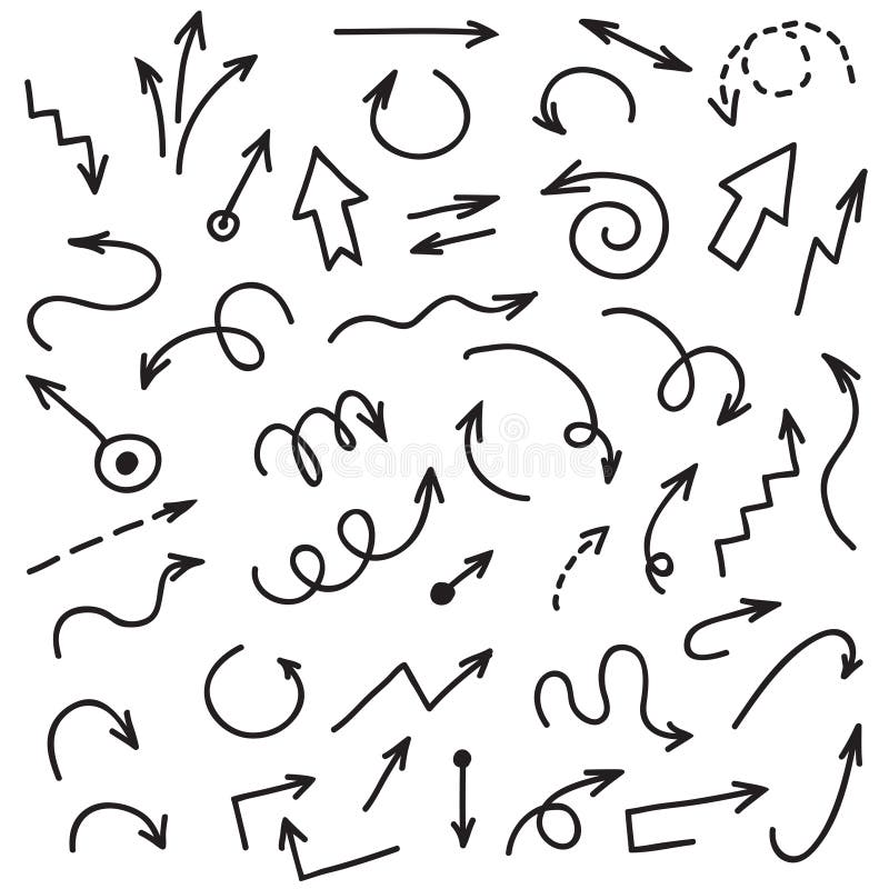 Hand drawn arrows. Scribble arrow, sketchy ink arrowheads vector set stock illustration