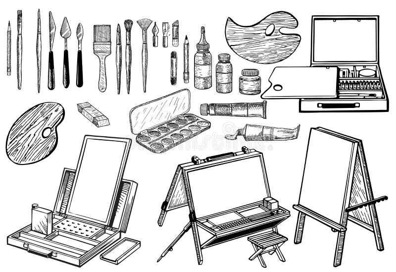 Premium Vector  Hand drawn set of artist tools doodle art supplies in  sketch style easel brushes paint pencils