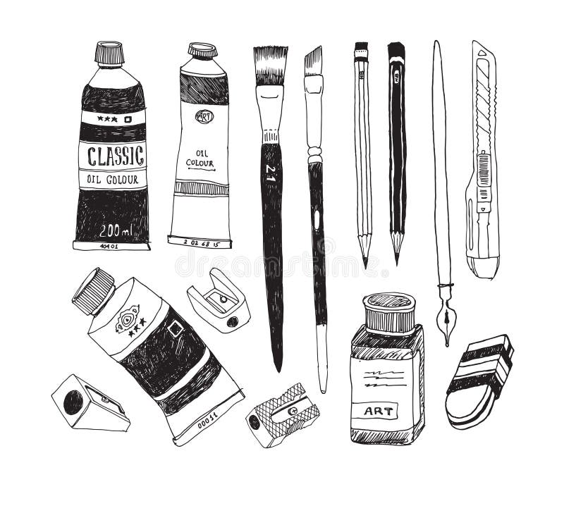 Hand Drawn Art Tools and Supplies Set Stock Vector Illustration of