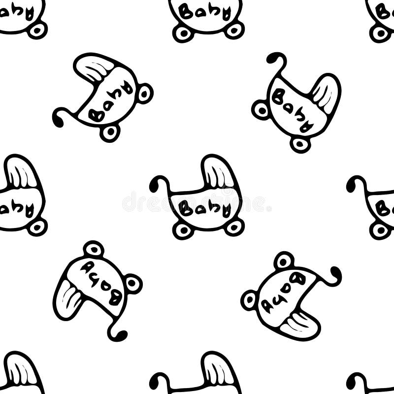 Hand drawn baby carriage doodle. Sketch children`s toy icon. Decoration element. Isolated on white background. Vector illustratio