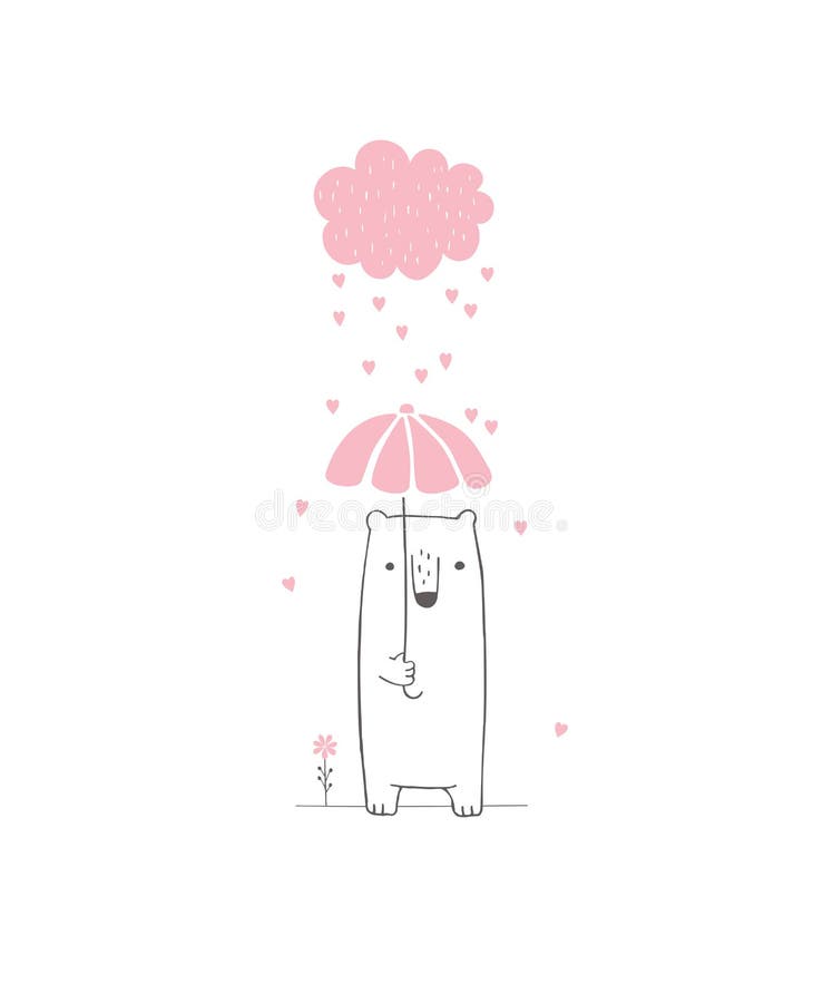 Hand Drawn Baby Shower Vector Illustration. Pink Cloud with Dropping Hearts, Cute White Bear. vector illustration