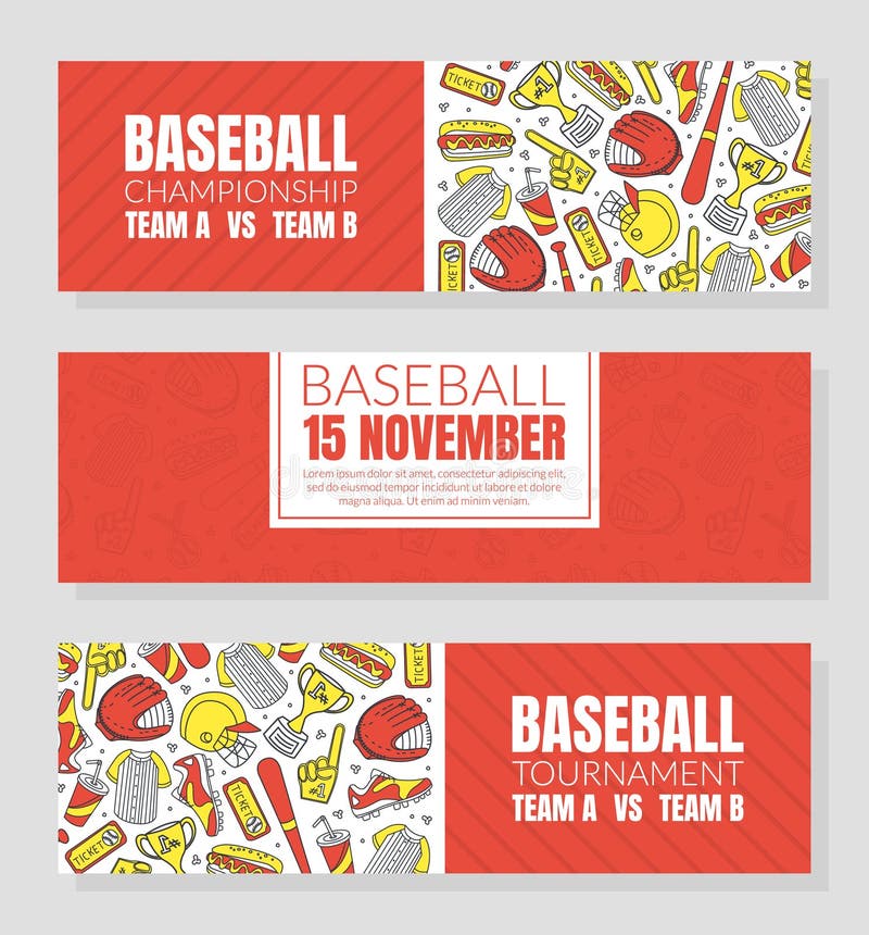 Hand Drawn Baseball Symbols Used in Vector Ticket Design Template Stock