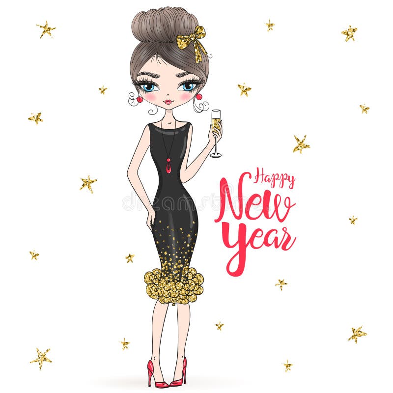 Hand drawn beautiful cute fashion winter girl with a glass of champagne and the words Happy New Year.