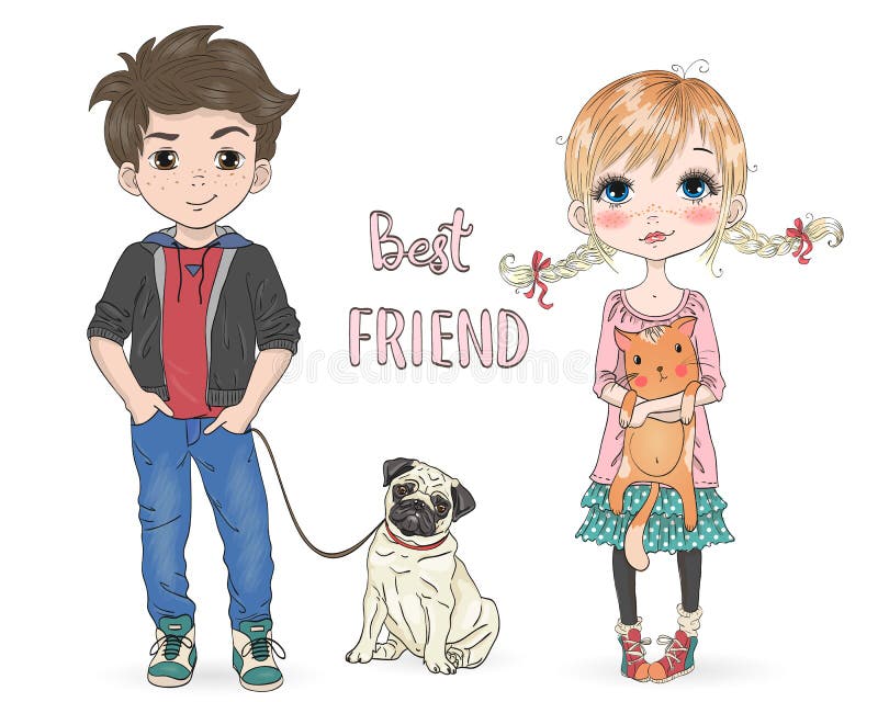 Hand drawn beautiful, cute, little girl with pretty cat and cartoon boy with dog pug.