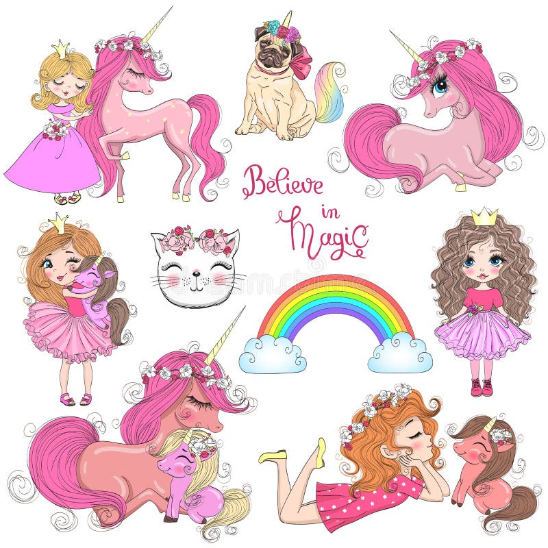 Hand drawn beautiful cute little princess girls with unicorn.