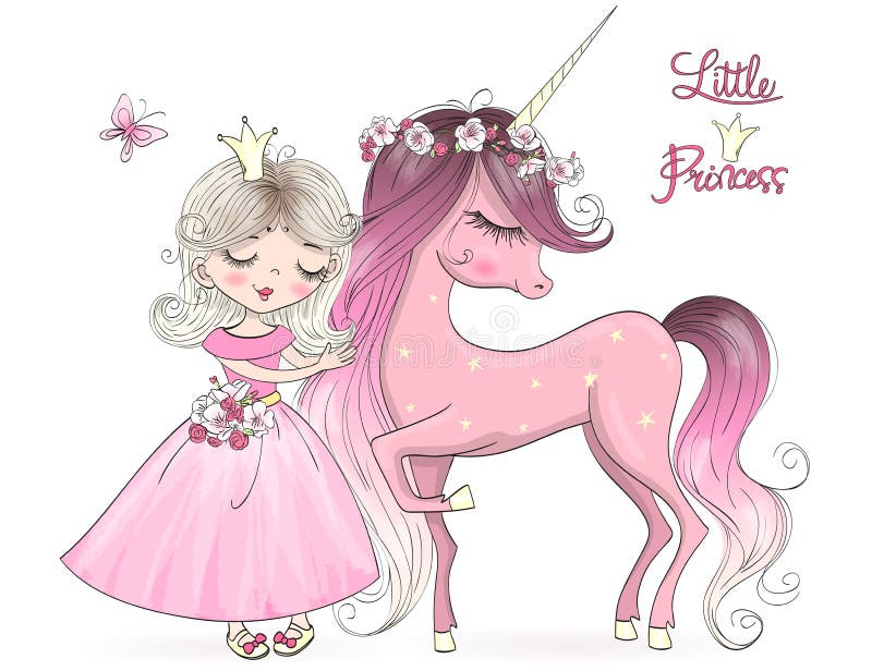 Hand drawn beautiful cute little unicorn with princess girl . royalty free illustration