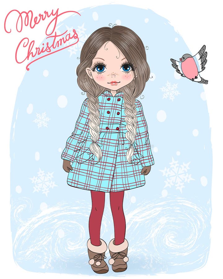 Hand drawn beautiful cute little winter girl with a bird and the words Merry Christmas.