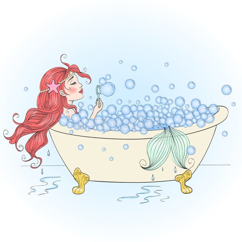 Hand drawn beautiful, cute, romantic redhead mermaid girl in the bathroom blow bubbles..