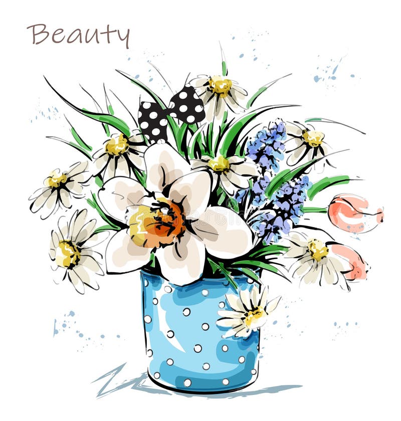 Hand drawn beautiful flowers in vase. Cute flower bouquet. Sketch.