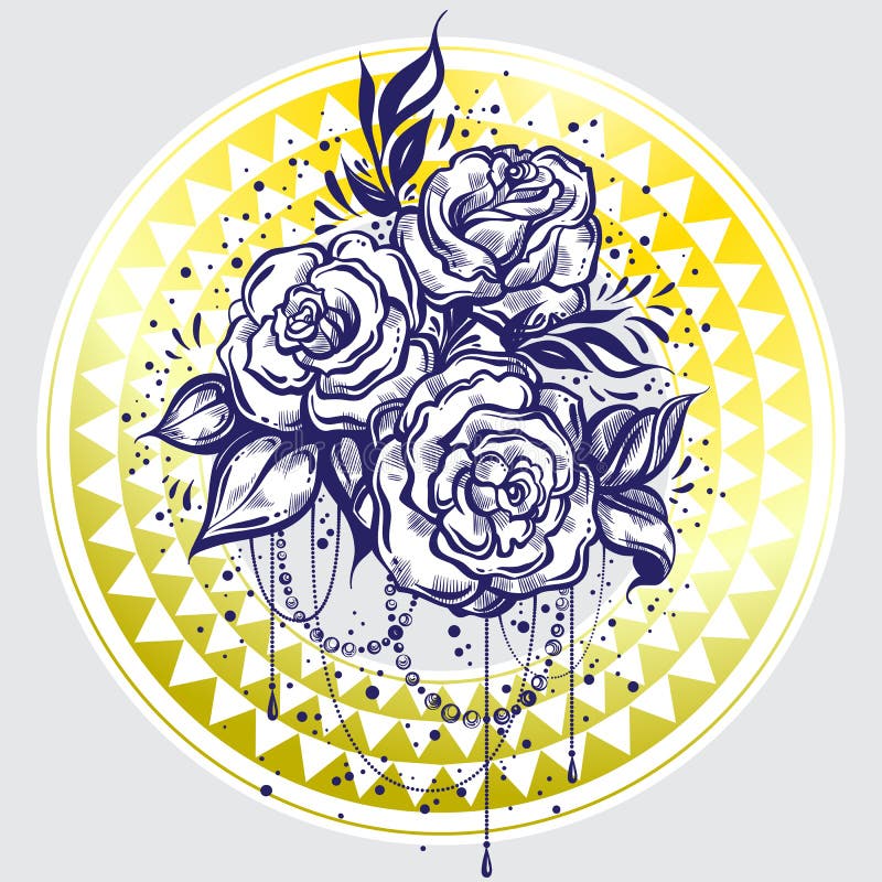 Hand-drawn beautiful roses over tribal geometric pattern. Elegant tattoo design. Graphic vintage linear style composition. Vector vector illustration Hand-drawn beautiful roses over tribal geometric pattern. Elegant tattoo design. Graphic vintage linear style composition. Vector vector illustration