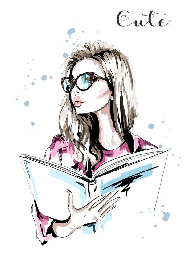 Hand drawn beautiful woman with book. Fashion woman in eyeglasses. Stylish blond hair girl portrait. Sketch.