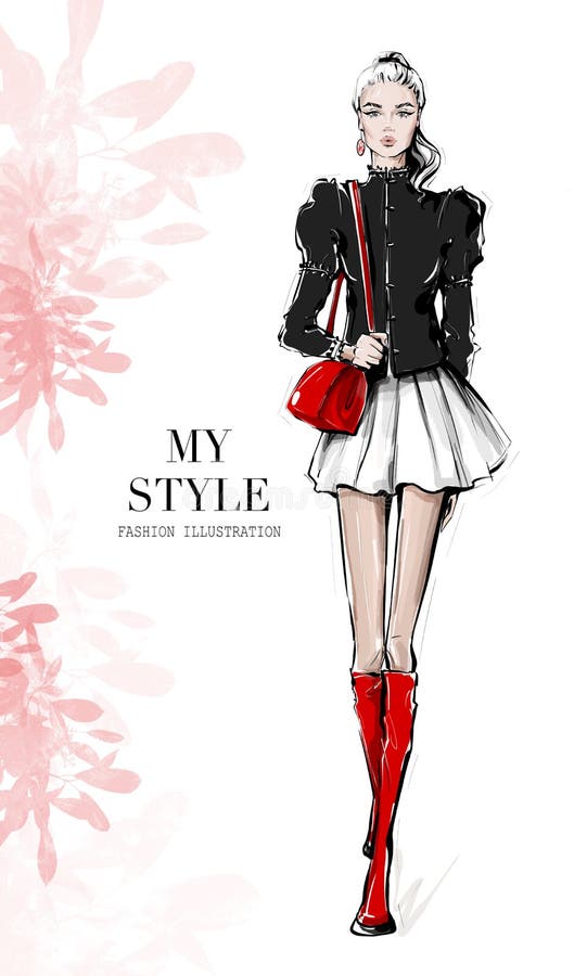 Hand drawn beautiful young woman with bag. Fashion look. Stylish girl in red shoes. Woman in black jacket. Sketch.