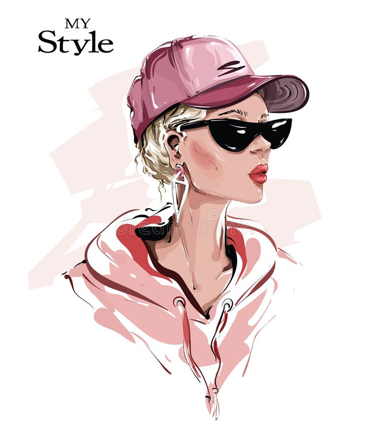 Hand drawn beautiful young woman in cap. Stylish girl in sunglasses. Fashion woman look. Sketch.