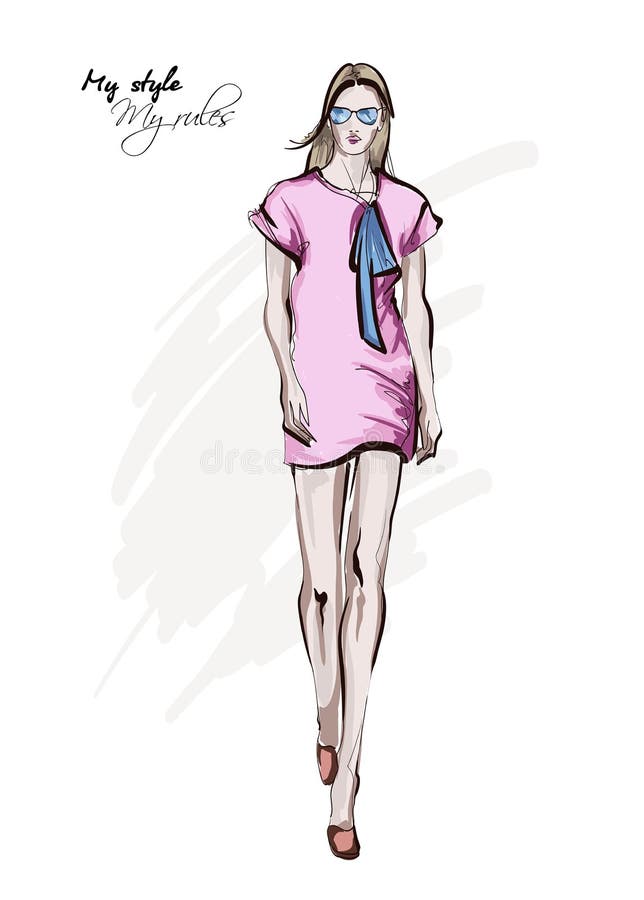 Hand drawn beautiful young woman in dress. Stylish autumn outfit. Fashion woman look. Fashion model posing. Sketch royalty free illustration Hand drawn beautiful young woman in dress. Stylish autumn outfit. Fashion woman look. Fashion model posing. Sketch royalty free illustration