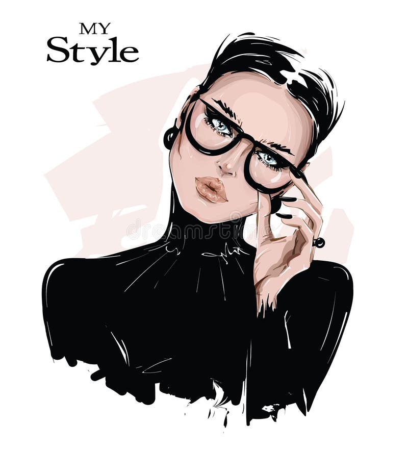 Hand drawn beautiful young woman in eyeglasses. Stylish girl in black shirt. Fashion woman look. Sketch.