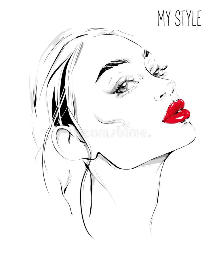 Hand drawn beautiful young woman face. Female face with red lips. Black and white sketch.