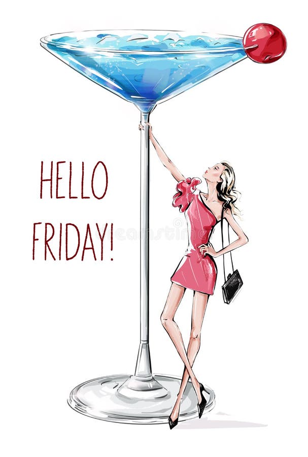Hand drawn beautiful young woman holding large martini glass. Fashion woman in pink dress. Woman party. Friday celebration.