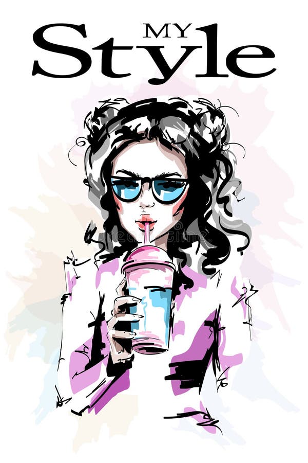 Hand drawn beautiful young woman holding transparent disposable Plastic Juice Cup. Stylish elegant girl in sunglasses.