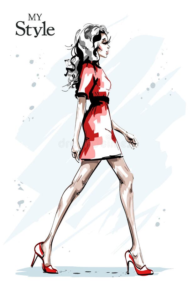 Hand drawn beautiful young woman with long hair. Stylish elegant girl in red dress. Fashion woman full body portrait.