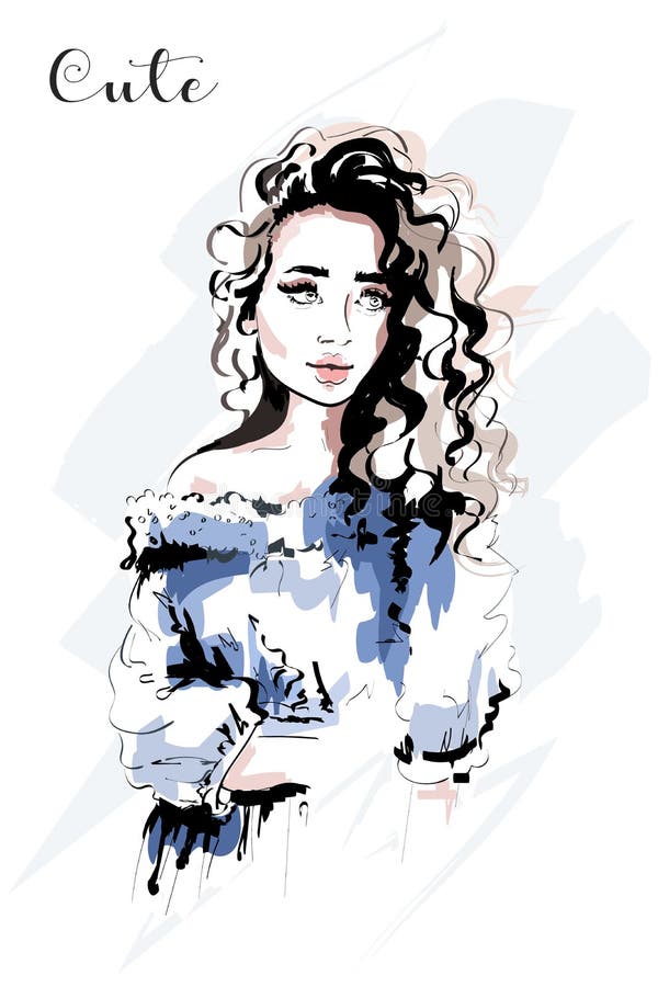 Hand Drawn Beautiful Young Woman Portrait. Fashion Woman with Curly Hair  Stock Vector - Illustration of elegant, beauty: 103162613