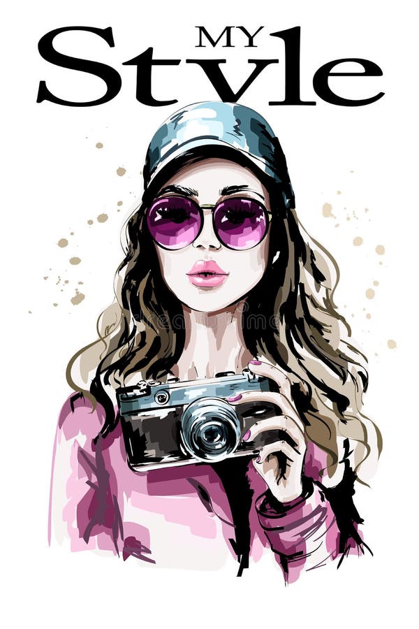 Hand drawn beautiful young woman portrait. Fashion woman in stylish cap. Cute girl with photo camera.