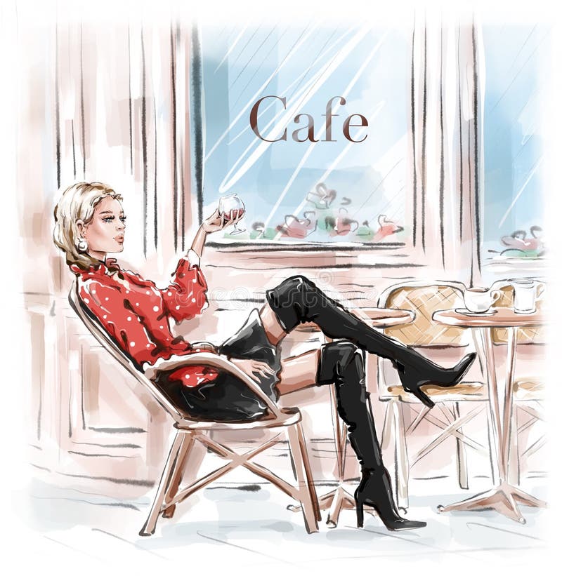Hand drawn beautiful young woman sitting in Paris street cafe. Blonde hair girl in black shoes. Sketch. vector illustration Hand drawn beautiful young woman sitting in Paris street cafe. Blonde hair girl in black shoes. Sketch. vector illustration