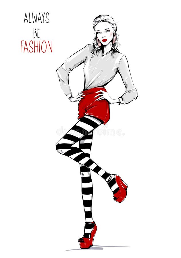 Hand drawn beautiful young woman in striped tights . Fashion woman in red skirt and shoes. Stylish girl.