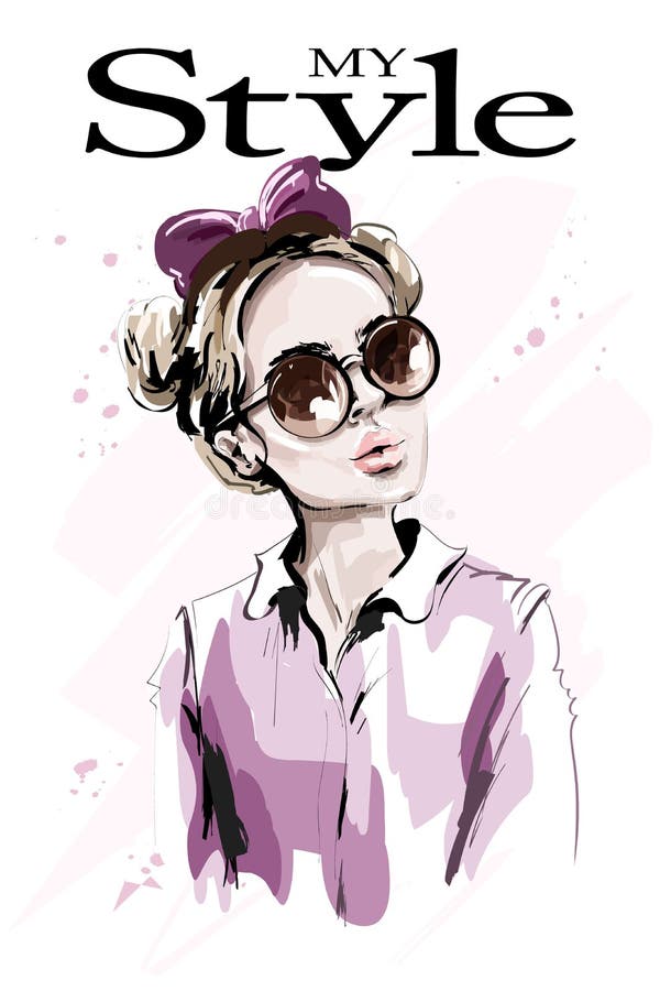 Hand drawn beautiful young woman in sunglasses. Fashion woman with hair bow. Stylish cute girl.