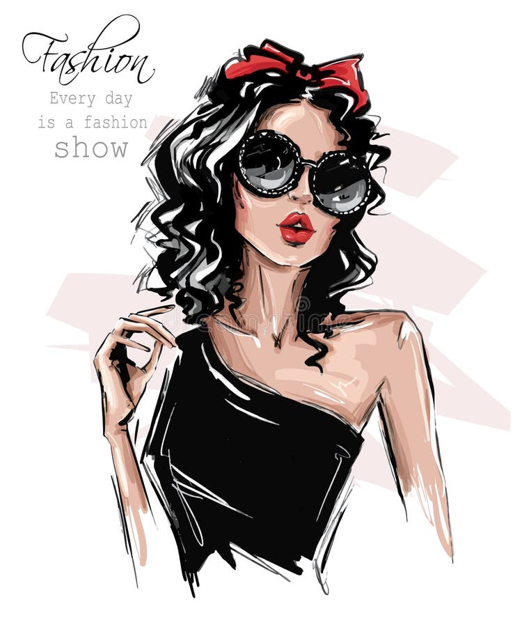 Hand drawn beautiful young woman in sunglasses. Stylish girl with bow on her head. Fashion woman look. Sketch.