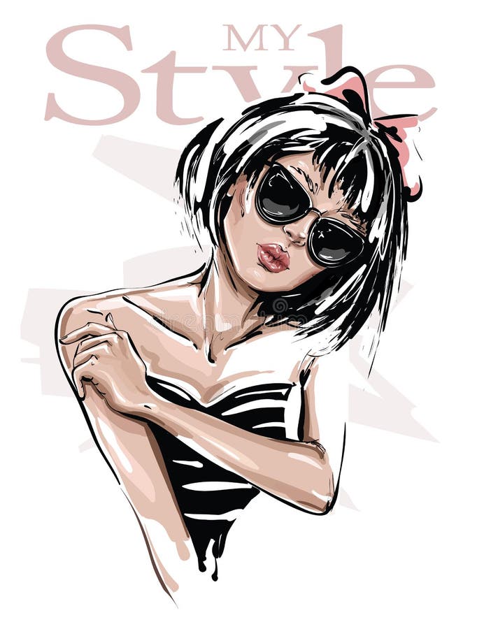 Hand drawn beautiful young woman in sunglasses. Stylish girl. Fashion woman look. Sketch.