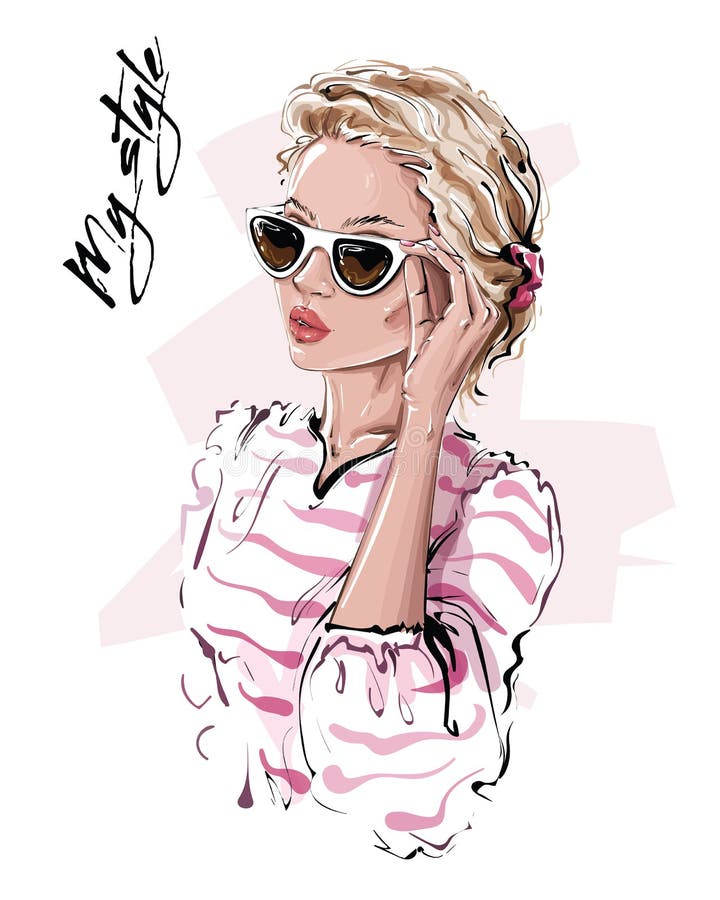 Hand drawn beautiful young woman in sunglasses. Stylish girl. Fashion woman look. Sketch.