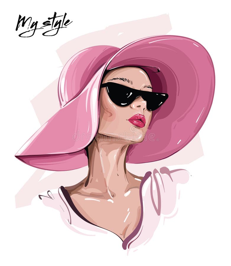 Hand drawn beautiful young woman in sunglasses. Stylish girl in hat. Fashion woman look. Sketch.