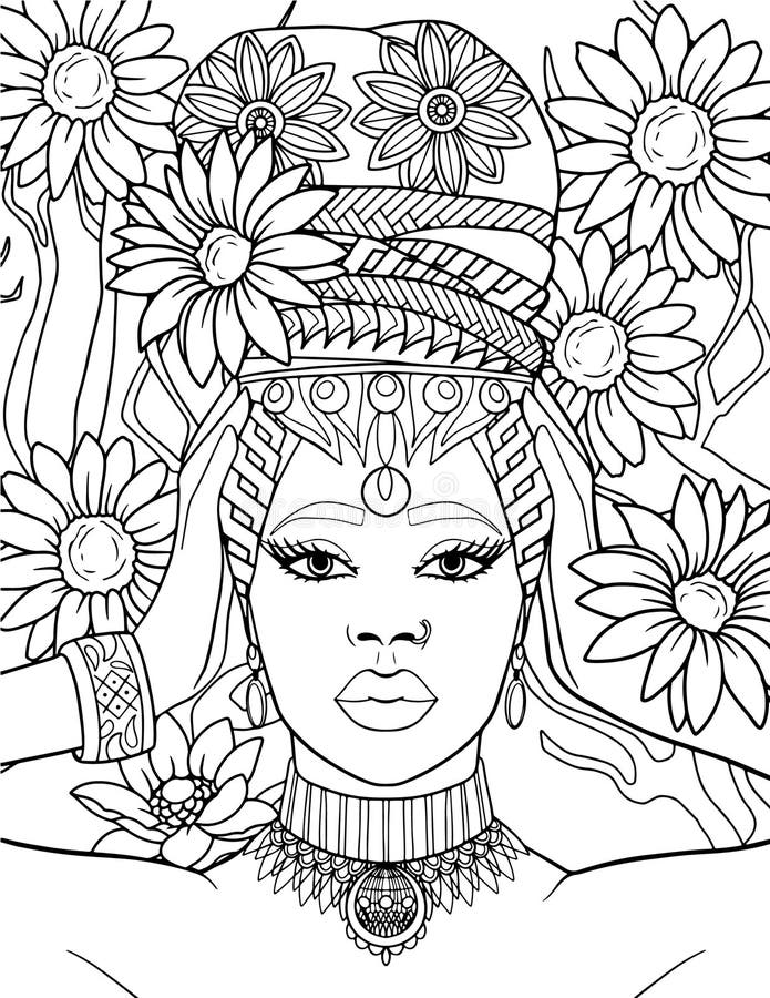 Hand Drawn Beauty Girl Coloring Page, African Woman Coloring Page Stock ...