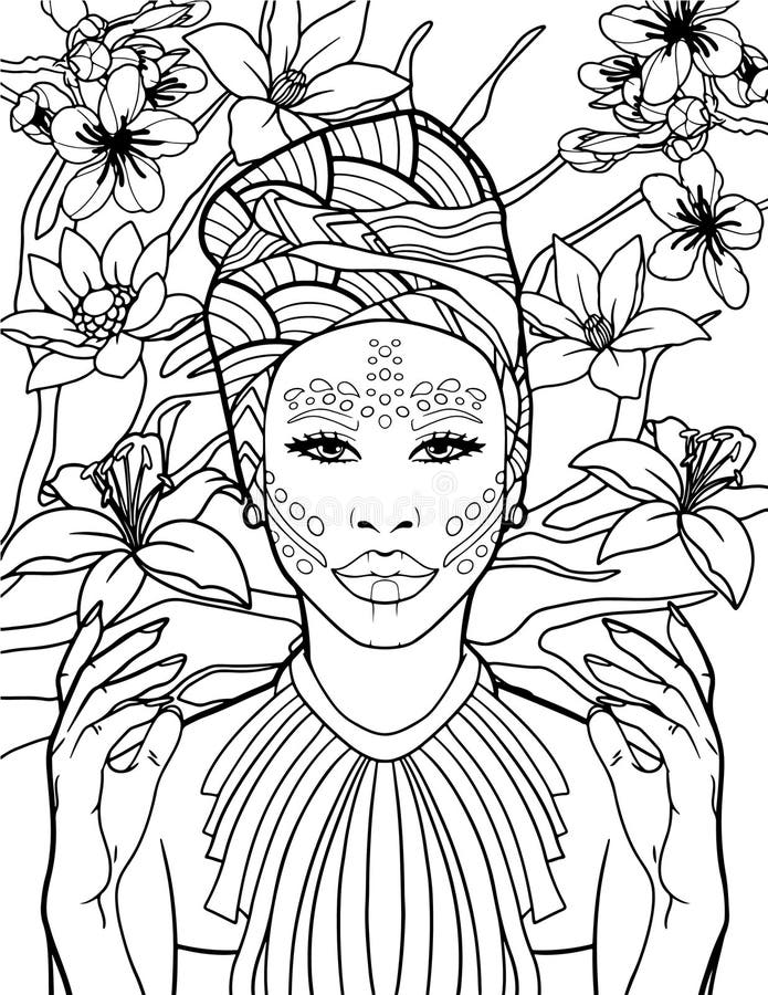 Hand Drawn Beauty Girl Coloring Page, African Woman Coloring Page Stock ...