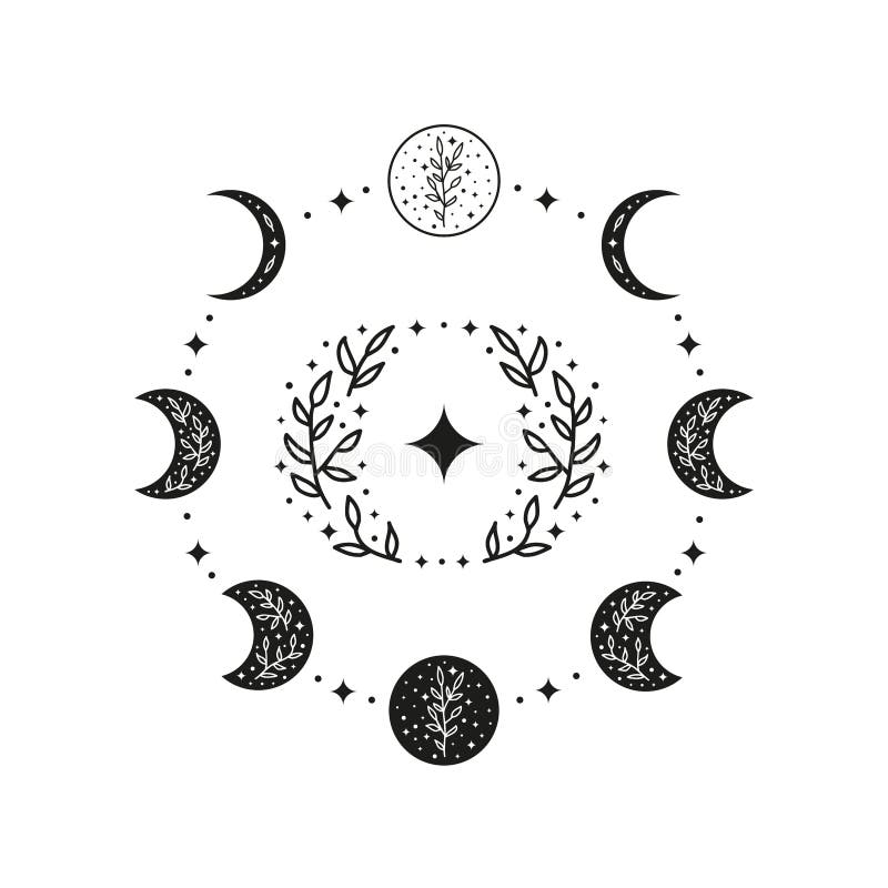 Hand Drawn Black Celestial Floral Moon Phases in Circle. Stock Vector ...