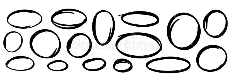 Hand drawn black marker circle and oval highlight swoops set isolated on white background