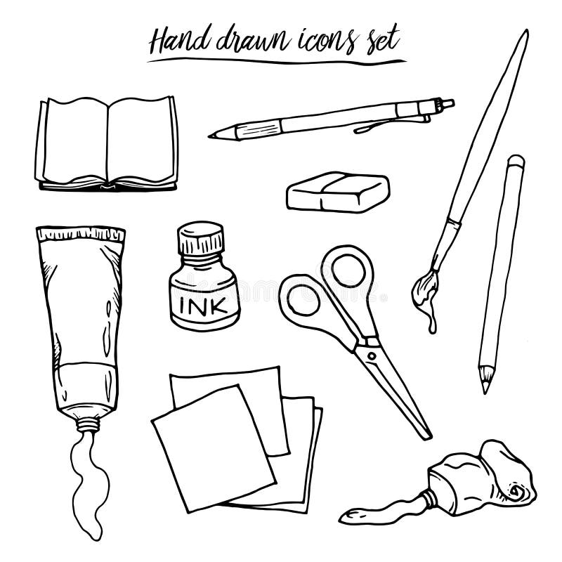 Set of Art Supplies Line Art Illustrations White Fill Hand Drawn